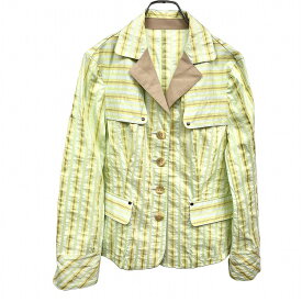 【中古】ClaireDurant シャツジャケット 僅かにクレープ感 ストライプ 長袖 綿×ポリ×麻×アクリル×ナイロン 40 グリーン 緑×茶系 レディース