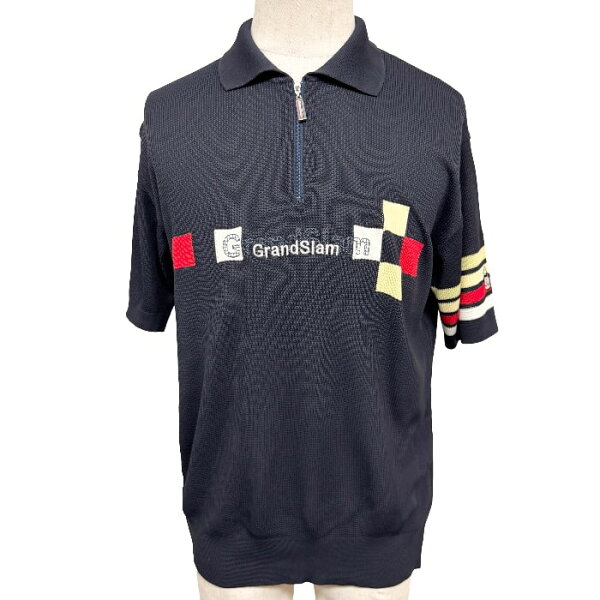 【中古】[印象AB] Munsingwear Grand Slam マンシングウェア グランドスラム とろみカットソー ゴルフシャツ ポロシャツ ゴルフウェア メンズ M ネイビー 紺×赤×黄×緑系×白 アクリル100% ロゴ柄 半袖 日本製 古着 ハーフジップ 左袖にボーダー柄とペンギン刺繍