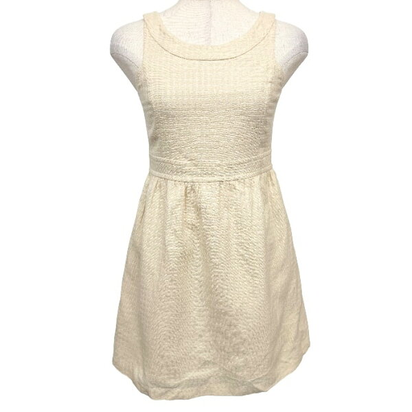 【中古】[印象AB] JILL STUART ジルスチュアート ワンピース ひざ丈 レディース 2 ベージュ 生成り 毛×レーヨン×コットン×ポリエステル×ナイロン ドット柄・水玉柄 Uネック ノースリーブ 日本製 古着 背中ファスナー ウエストギャザー