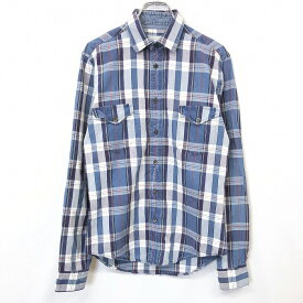 【中古】ZARA MAN ザラマン S メンズ シャツ チェック エルボーパッチ 長袖 両胸ポケット 綿100% ネイビー×パープル×レッド 紺×紫×赤