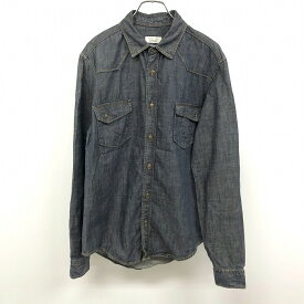 【中古】ZARA MAN ザラマン M メンズ デニムシャツ ウエスタン 無地 両胸フラップポケット レギュラーカラー 長袖 ロングテール 綿100% ブルー 青