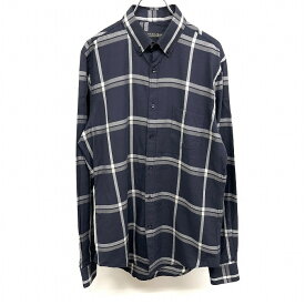 【中古】ザラマン ZARA MAN シャツ 長袖 ボタンダウン チェック スリムフィット 胸ポケット 綿100% M ネイビー 紺×ホワイトグレー系 メンズ