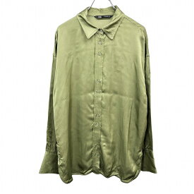 【中古】ザラ ZARA 微光沢 シャツ 裾の両サイドにスリット 長袖 無地 ポケット無し ロングスリーブ レーヨン100% S グリーン 緑 レディース