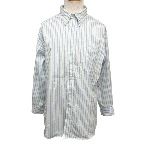 【中古】[印象AB] LANDS END ランズエンド シャツ メンズ [15_1/2-31/REGULAR] 紺×緑×白 綿100% コットン100% ストライプ柄 ボタンダウン 長袖 ホンジュラス製 古着 胸ポケット付き ロングテール ロングスリーブ