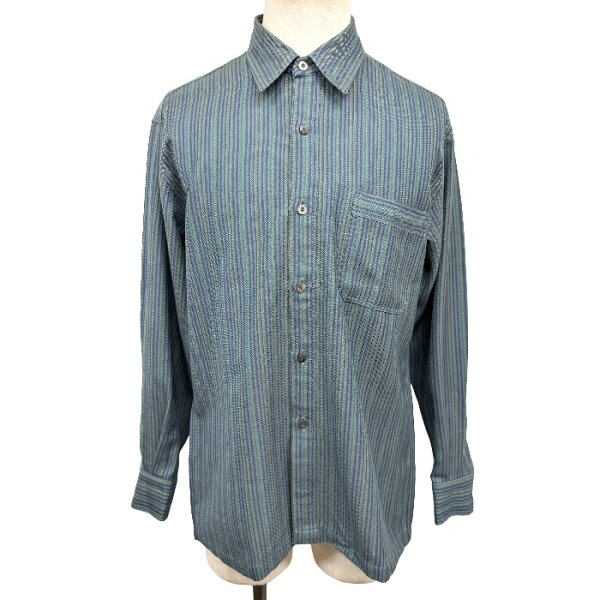 【中古】[印象AB] pierre cardin ピエールカルダン ウールシャツ メンズ M 紺×緑×緑×カーキ 毛100% ストライプ柄 レギュラーカラー 長袖 古着 胸ポケットに英字のロゴ刺繍 ボックスカット ロングスリーブ