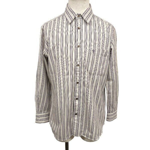 【中古】[印象AB] THE SCOTCH HOUSE ザ・スコッチハウス 微起毛シャツ メンズ M パープル 紫×茶系×生成り 綿×アクリル×キュプラ ストライプ柄 レギュラーカラー 長袖 ベトナム製 古着 胸ポケットにロゴ刺繍 ロングスリーブ