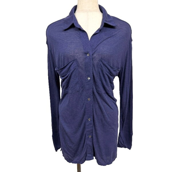 【新品】[印象N] AZUL by moussy アズールバイマウジー とろみカットソーシャツ タイトフィット スリムフィット オープンカラー 開襟 レディース S ネイビー 濃紺 レーヨン×麻 薄手 無地 長袖 中国製 両胸ポケット 裾の両サイドにスリット