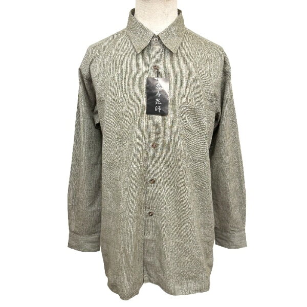 【新品/訳アリ】[印象NB] 恵寿毘師 シャツ メンズ L グリーン 緑×ベージュ×こげ茶 綿×麻 コットン×リネン ストライプ柄 レギュラーカラー 長袖 中国製 胸ポケット付き ボックスカット 細かくクレープ感のある生地 ロングスリーブ