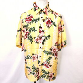 【中古】Hawaiian Silk Company - L メンズ 極薄 シャツ アロハ柄 花柄 ハワイ柄 インポート古着 レギュラーカラー 半袖 シルク100% イエロー 黄色