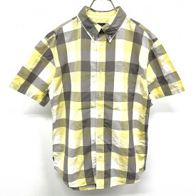 【中古】TOMMY トミー M メンズ シャツ チェック柄 胸ポケットにロゴ刺繍 ボタンダウン 半袖 日本製 綿100% イエロー×ホワイト×グレー系 黄色