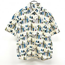 【中古】BORN FREE ボーンフリー M メンズ シャツ サーフボード柄×ボーダー ボタンダウン 半袖 日本製 綿100% アイボリー×ブルー×レッド 生成り