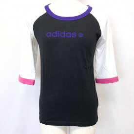 【中古】adidas アディダス M レディース 女性 Tシャツ ロゴT カットソー トップス 7分袖 ラグラン ラウンドネック 服 綿100% 黒×白×紫×ピンク
