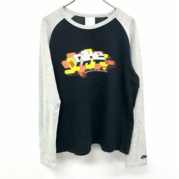 \条件達成で街での楽天カードご利用分がポイント2倍!!※バナー参照※/【中古】NIKE ナイキ 150-160(L) キッズ ジュニア Tシャツ プリント 3Dグラフィック ロゴ 丸首 ラグラン 長袖 綿100% ブラック×ヘザーグレー 黒 Undo Rowa NIKE ナイキ L レディース キッズ ジュニア 150〜160 Tシャツ