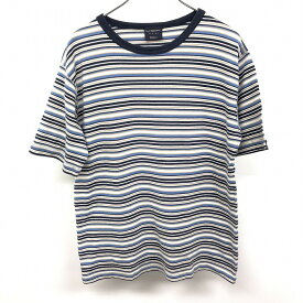 【中古】COX コックス S メンズ Tシャツ カットソー マルチボーダー 丸首 クルーネック 半袖 綿100% ネイビー×グリーンベージュ系×ホワイト 紺