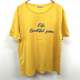 【中古】ZARA ザラ L レディース(メンズ？) Tシャツ カットソー プリント 英字 文字 『Life: Beautiful game』 丸首 半袖 綿100% イエロー 黄色