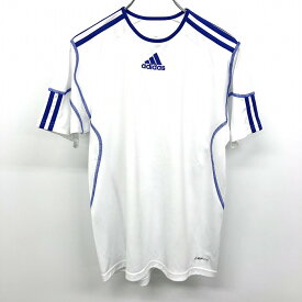 【中古】adidas アディダス 160 キッズ ジュニア スポーツシャツ Tシャツ プラクティスシャツ ロゴ刺繍 丸首 半袖 ポリ100% ホワイト×ブルー 白