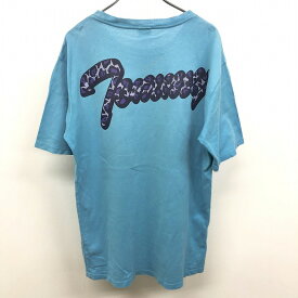 【中古】TOMMY トミー L メンズ Tシャツ カットソー 両面プリント 背中にレオパード柄のロゴ 半袖 日本製 綿100% ブルー×パープル×ブラック 水色