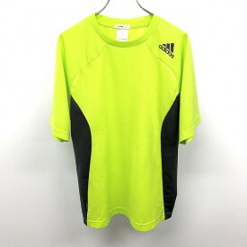 【中古】adidas アディダス S メンズ スポーツシャツ Tシャツ サイドがメッシュ生地 ロゴ 半袖 ポリ100% イエローグリーン×チャコールグレー 黄緑