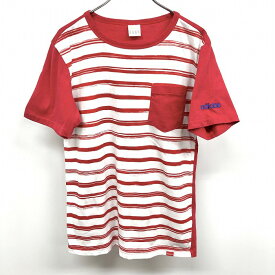 【中古】adidas NEO アディダス ネオ M レディース(メンズ？) Tシャツ 手書き風のボーダー 袖ロゴ 丸首 半袖 ポケット 綿100% レッド×ホワイト 赤