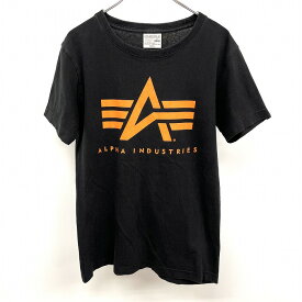 【中古】ALPHA INDUSTRIES アルファインダストリーズ S メンズ(レディース？) Tシャツ ロゴプリント 丸首 半袖 綿100% ブラック×オレンジ 黒
