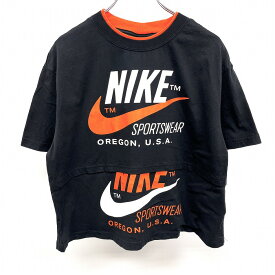 【もうすぐ終了：全品PT20倍】＼FASHION SPECIAL FAIR／最大20%OFFクーポン配布中※バナー参照■□【中古】NIKE ナイキ L レディース ショート丈 ティアード 切り替えし生地 Tシャツ ロゴプリント 半袖 綿100% ブラック×オレンジ×ホワイト 黒