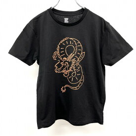 【中古】graniph グラニフ S メンズ Tシャツ イラスト プリント かわいいタッチの龍 ドラゴン 丸首 半袖 綿100% コットン ブラック×オレンジ 黒