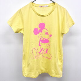 【中古】UNIQLO × DISNEY ユニクロ×ディズニー L レディース Tシャツ ミッキーマウス プリント 半袖 ポリ×綿 ヘザーイエロー×ネオンピンク 杢黄