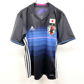 【中古】adidas - L メンズ(レディース？) サッカー Tシャツ JFA 日本代表 サムライブルー 刺繍 ボーダー 半袖 ポリ100% 黒×ピンク×青×白