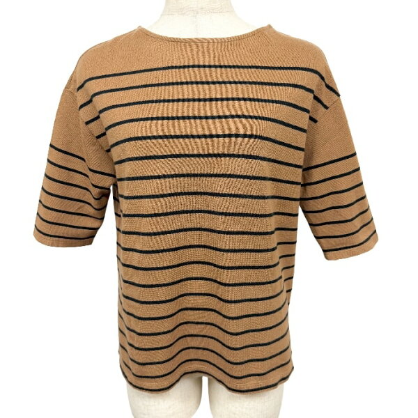 【中古】[印象AB] J.PRESS ジェイプレス Tシャツ レディース M (B81-88/T158-164) ブラウン 茶×濃緑 綿100% コットン100% ボーダー柄 ボートネック 5分袖 中国製 古着 ロングテール 裾の両サイドにスリット ショートスリーブ