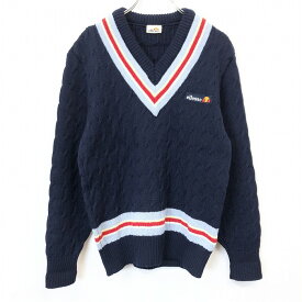 【もうすぐ終了|5/7(火) 09:59まで】＼Rakuten Fashion THE SALE／最大20%OFFクーポン配布中■□【中古】ellesse エレッセ 3 レディース 女性 チルデン ケーブル ニット セーター Vネック プルオーバー ロゴワッペン 長袖 ウール100% ネイビー 紺