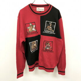 【中古】Zuben knit collection - L メンズ プルオーバーニット セーター 犬の刺繍 バセットハウンド 長袖 綿50%×アクリル50% レッド×ブラック 赤
