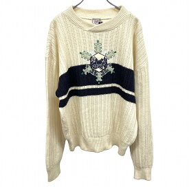 【全品PT10倍|お買い物マラソン開催中＆割引商品多数!!＼当店新春初売りSALE／1/14(水)23:59まで|SALE会場はバナーから】【中古】DOLCE ニット セーター ケーブルストライプ ボーダー 雪の結晶刺繍 長袖 毛(カシミヤ混)×ナイロン L アイボリー 生成り×紺×緑 メンズ
