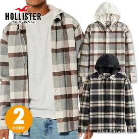 ホリスター メンズ フード付 フランネルチェックシャツ ネルシャツ Hollister Hooded Flannel Shirt ワンポイントロゴ 2カラー：ブラック/ブラックチェック、クリーム/ブラウンチェック