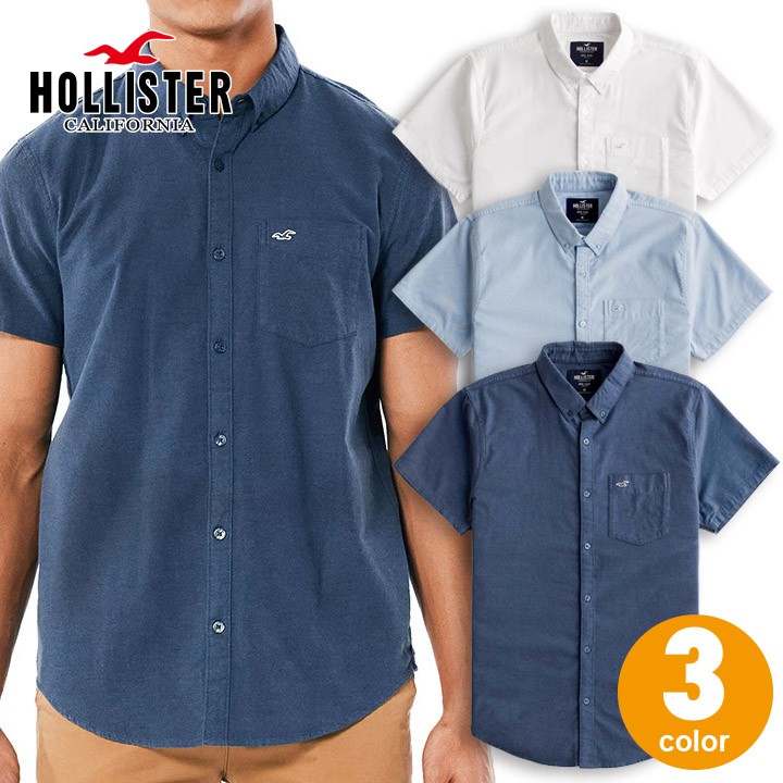 ホリスター メンズ ストレッチ ロゴアイコン半袖ボタンダウンシャツ Hollister Stretch Shirt ワンポイントロゴ 3カラー ● ホワイト ●ブルー ●ネイビー