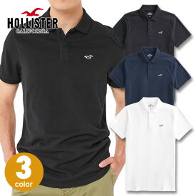 ホリスター メンズ ロゴアイコン ストレッチピケ 半袖ポロシャツ Hollister Icon Polo ワンポイントロゴ 鹿の子 3カラー：ヘザーネイビー、ブラック、ホワイト