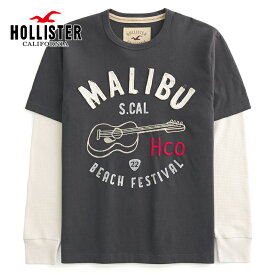 【楽天スーパーSALE／返品・交換不可商品】ホリスター メンズ ロゴグラフィック レイヤード刺繍アップリケ長袖Tシャツ ロンT サーマル袖 ワッフル へビーウェイトHollister Logo Graphic Long Sleeve Tee フェードブラック/オフホワイト