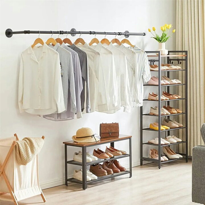 CATEGORY ラック・シェルフ | ART OF BLACK 壁掛け洋服ラック - 吊り下げロッド付きアイアンフローティングシェルフ、レトロな衣服ディスプレイラック、黒の衣類収納ソリューション（