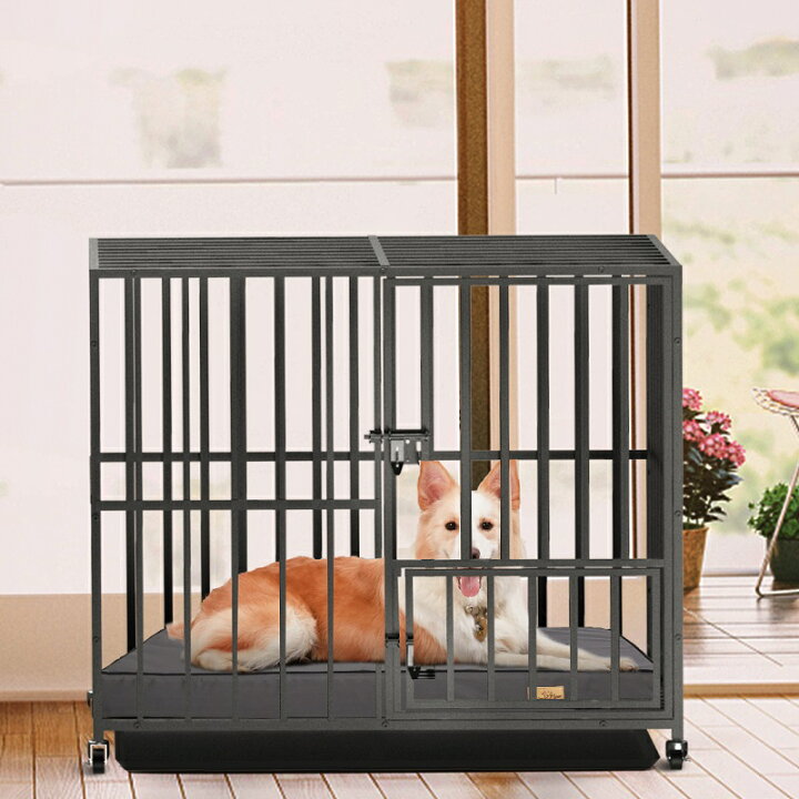 楽天市場 犬用ケージ スチール製 キャスター付き ペットサークル 大きめ 特大 長方形 犬小屋 室内 屋外 夏 おしゃれ アウトドア トレー すのこ ドア付き 頑丈 25kg以下小型 中型 大型犬 にわとり うさぎ Lサイズ 90 60 Xpet686 L Unho Space