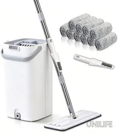 【送料無料】水拭きモップ フロアモップ バケツ付き モップ絞り器付き 360度回転 4段伸縮ポール マイクロファイバー交換パッド10枚付き 乾湿両用 家具隙間掃除に便利 高齢者にも優しい