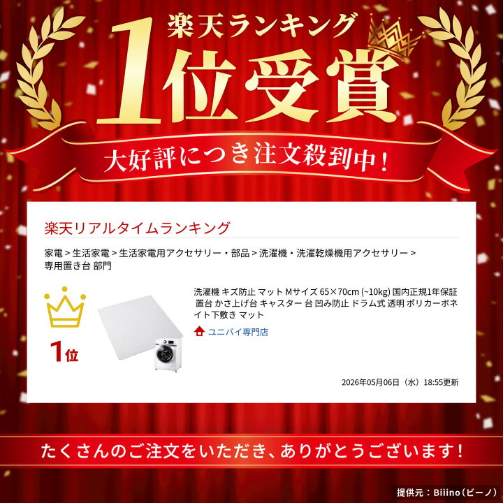 楽天市場】洗濯機 キズ防止 マット Mサイズ 65×70cm (~10kg) 国内正規 