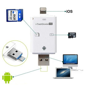 IOS14対応（ホワイト） カードリーダー iOS・Android対応 SD/TFカードリーダー iPhone/iPad/Android/コンピューター用 トレイルカメラ用SDカードリーダー