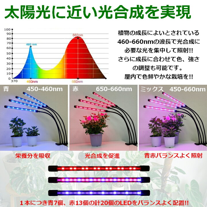 楽天市場 植物育成ライト 植物育成ledライト Led 観葉植物 観葉植物育成ライト 水草育成ライト 多肉植物育成 Usb電源付 育成ライト 80led 40w 室内 水耕 グローライト スタンド Ledライト 調色調光 タイマー機能 育苗 水草 梅雨 冬 日照不足 省エネ Usb電源式 クリップ式