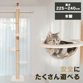 キャットタワー 宇宙船 キャットハウス つっぱり式 突張式アスレチックタワー バルコニー キャットポール 爪とぎ 多頭飼い 省スペース バルコニー付き アクリルボール 猫ハウス 木製 1011103004