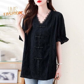 レディース ブラウス シャツ 半袖 トップス Vネック 大きいサイズ ゆったり 体型カバー 着痩せ おしゃれ かわいい きれいめ 上品 大人女子 オフィスカジュアル 通勤 デート お出かけ 夏 涼しい 薄手 体型カバー 二の腕カバー 楽ちん カジュアル