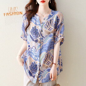 レディース ブラウス シャツ 半袖 トップス 花柄 フラワー プリント 総柄 大きいサイズ ゆったり 体型カバー 着痩せ おしゃれ かわいい きれいめ 上品 大人女子 オフィスカジュアル 通勤 デート お出かけ 夏 涼しい 薄手 体型カバー