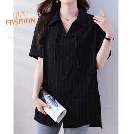 レディース ポロシャツ シャツ ブラウス 半袖 トップス ストライプ柄 大きいサイズ ゆったり 体型カバー 着痩せ おしゃれ かわいい きれいめ 上品 大人女子 オフィスカジュアル 通勤 デート お出かけ 夏 涼しい 薄手 体型カバー 二の腕カバー