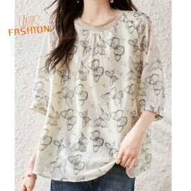 レディース 七分袖 Tシャツ カットソー トップス 蝶々 バタフライ 花柄 フラワー プリント 総柄 大きいサイズ ゆったり 体型カバー 着痩せ おしゃれ かわいい きれいめ 上品 大人女子 オフィスカジュアル 通勤 デート お出かけ 夏 涼しい 薄手