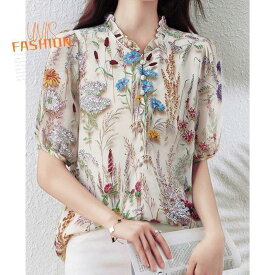 レディース ブラウス シャツ 半袖 トップス 花柄 フラワー プリント 総柄 大きいサイズ ゆったり 体型カバー 着痩せ おしゃれ かわいい きれいめ 上品 大人女子 オフィスカジュアル 通勤 デート お出かけ 夏 涼しい 薄手 体型カバー