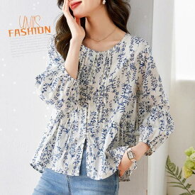 レディース 七分袖 ブラウス シャツ トップス 花柄 フラワー プリント 総柄 大きいサイズ ゆったり 体型カバー 着痩せ おしゃれ かわいい きれいめ 上品 大人女子 オフィスカジュアル 通勤 デート お出かけ 秋 薄手 体型カバー 二の腕カバー