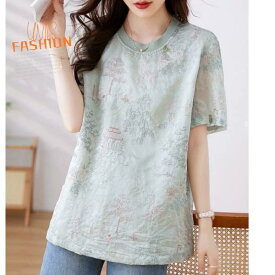 レディース Tシャツ 半袖 刺繍 トップス ゆったり 体型カバー 大きいサイズ 小さいサイズ おしゃれ 可愛い きれいめ カジュアル オフィス 通勤 デート お出かけ 春 夏 秋 グリーン 緑 パステルカラー 着痩せ 二の腕カバー 綿 コットン 和